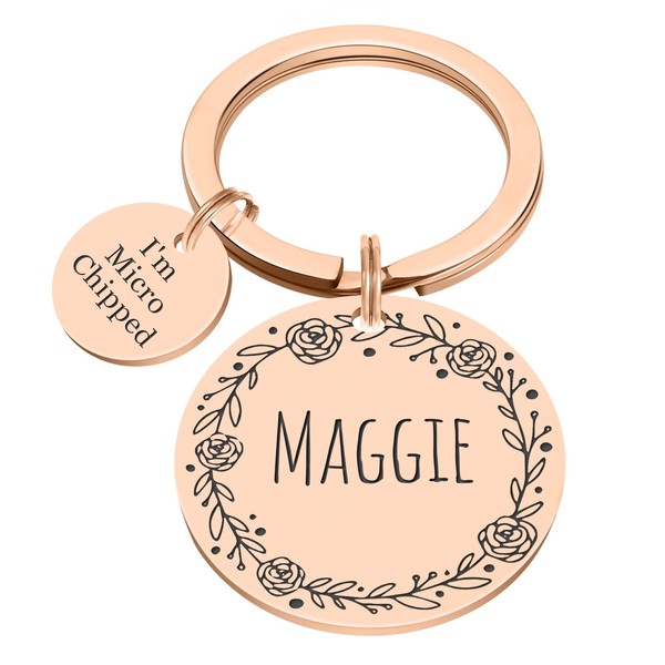 Natiform Personalized Dog Tags, Stainless Steel Pet ID Tags, Microchipped Dog Tag, Floral Pet Name Pendant, Pet Memorial Gift for Puppy Kitten(Rose Gold)