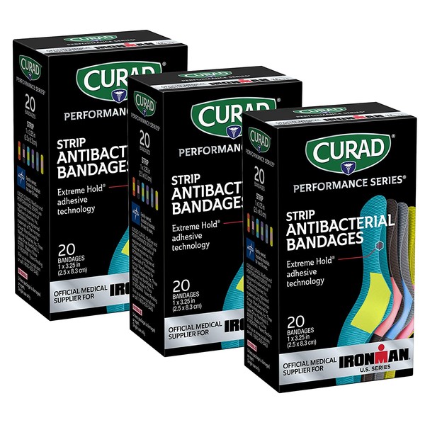 Curad - CURIM5020 Performance Series Ironman Antibacterial Bandages, Extreme Hold Adhesive Technology, 1 x 3.25 inch Fabric Bandages, 20 Count (Pack of 3)