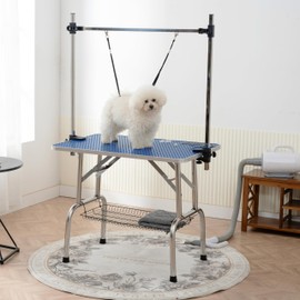 Dog Pet Grooming Table for Large Dogs Adjustable Height - Stainless Steel Foldable Professional Pet Station at Home, Portable Trimming Table Drying Desktop with Arms Nooses & Mesh Tray, 36''/ Blue