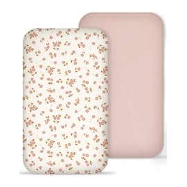 Muslin Bedside Bassinet Sheets 2 Pack, 33x20 Fitted Ultra Soft & Breathable Bedside Sleeper Sheets, Ideal for Baby Girl and Boy, Perfect for Newborns (Floral & Pink)