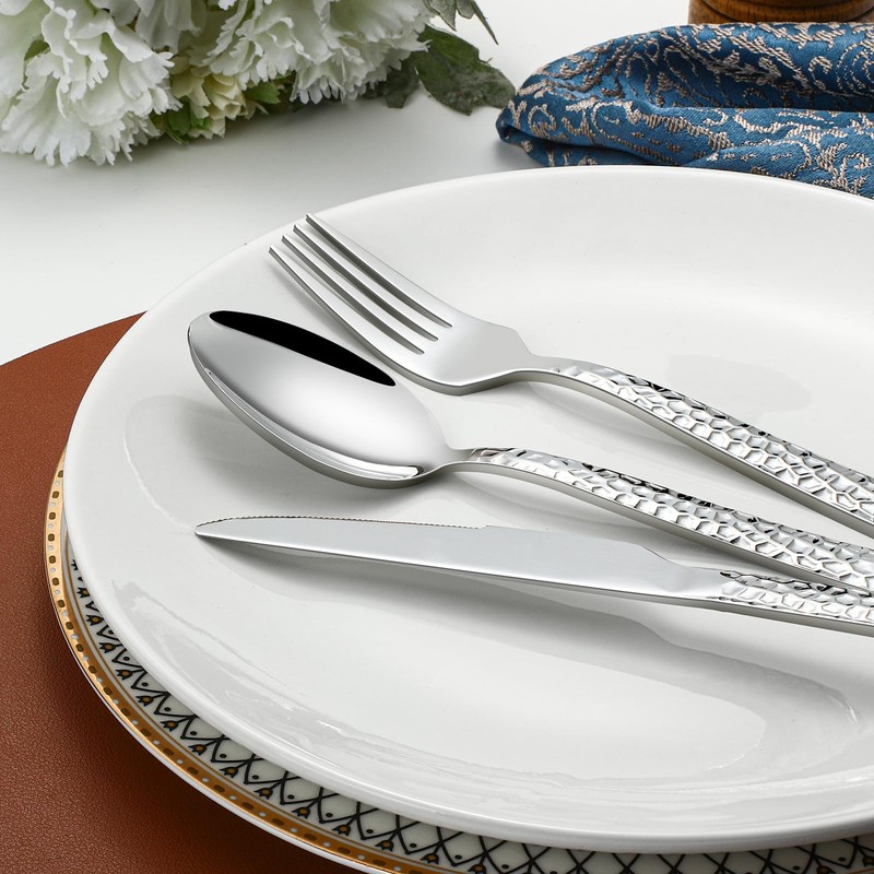 60 Piece Silverware Set for 12, Amafox Stainless Steel Hammered