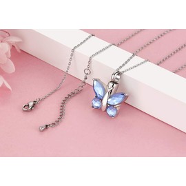 Eternal M. Butterfly Urn Necklace for Ashes Stainless Steel Silver Cremation Jewelry Keepsakes Pendants in Memory of Lost Loved One (Blue)