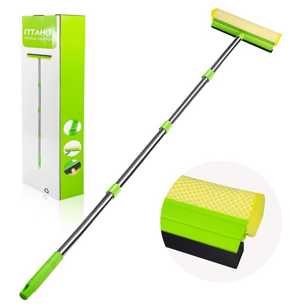 ITTAHO Multi-Use Window Squeegee, 2 in 1 Window Cleaner with Long Extension Pole, Sponge Squeegee with 58" Long Handle for Gas Station, Glass,Shower,Outdoor High Window Cleaning