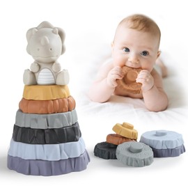 Yrkidstoi Stacking & Nesting Baby Toy, 7 Pcs Soft Ring Stacker Teething Toys with Dinosaur, Buliding Circles Sensory Learning Toys Gift for 6 12 18 Months Infant Toddler Boys Girls