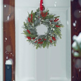 24” Green Faux Pine Christmas Wreath with Red Berry– Mixed with Fake Norfolk Cypress, Cedar & Lamb Ear, Xmas Winter Wreaths for Front Door Porch Mantel & Fireplace
