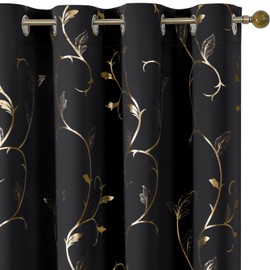 BUHUA Black Blackout Curtains with Gold Wave Line Foil Design,Room Darkening Curtains 84 Inches Long,Noise Reducing Blackout Drapes,Sliding Door Curtains Thermal for Living Room 2 Panels Set,52W×84L