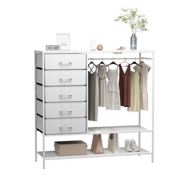 Azaeahom Dresser with Hanging Rack, White Dresser for Bedroom, Chests of Drawers for Closet, 5 Fabric Drawers Clothes Rack, with Sturdy Metal Frame, LED Lights, Charging Station