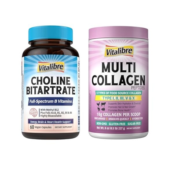 Multi Collagen Peptides Powder and Choline Bitartrate Supplements
