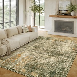 PureCozy Area Rug 6x9 Brown Washable Non-Slip Lightweight Floral Vintage Distress Print Rug for Living Room Low Pile Soft Throw Indoor Carpet for Office College Dorm Laundry Dining Room Bedroom