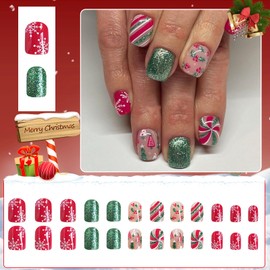 24Pcs Christmas False Nails, Short Square Press on Nails with Christmas Tree & Stripes Pattern, Removable Fake Nails Acrylic Full Cover Fake Nails for Women Girls Nail Art Accessories
