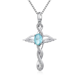 Angel Wing Cross Necklace Birthstone Infinity Cross Necklace 925 Sterling Silver Cross Necklace for Women March Birthstone Cubic Zirconia Cross Pendant Sea Blue Cross Jewelry ZDaoBen