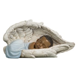 ShineOnAngel Cherub Statue African American Baby Sleeping in Guardian Angel's Wing for Baby Shower, Home Decor or Memorial, Sleeping Infant Statue (African American Baby in Blue)