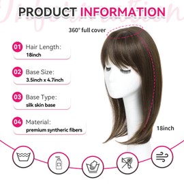 Hair Toppers for Women with Thinning Hair Pieces Side Clip in Bangs 18 Inch Long Straight Synthetic 360° 3D Realistic Topper with Bangs (Chestnut Brown)