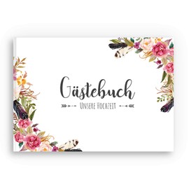 bigdaygraphix Guest Book Wedding Book with Questions A4 Landscape Boho Flowers Feathers