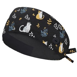 IRIS CRAFT Adjustable Working Cap with Button, Satin-Lined Cotton Working Hat Sweatband, Double Layer Elastic Bandage Tie Back Hats for Women & Men, One Size, Satin-Lined Kitty Black