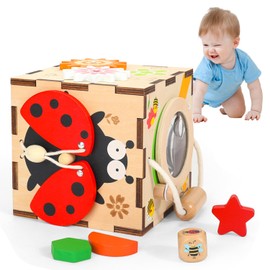 YODIFFMI Wooden Activity Cube Montessori Toys for 3 Year Old Baby Toys Toddlers Birthday Gift Boys Girls Sensory Interactive Learning Toys (Ladybugs)