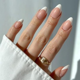 Glamnetic - MaDamn | Uñas postizas con punta francesa, cortas y puntiagudas en forma de almendra con acabado UV, uñas semitransparentes de calidad de 