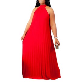 Aro Lora Womens Casual Sleeveless Plus Size Chiffon Halter Neck Pleated Loose Long Maxi Dress X-Large Red