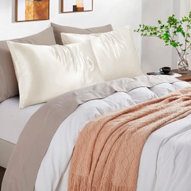 Pillow Cases for Bed 50 x 80 cm Satin – Silky Pillowcase Protect Skin and Hair – Oeko-TEX® Certified – Super Soft and Hypoallergenic – 2 Pieces Pillowcase with Beige Zipper