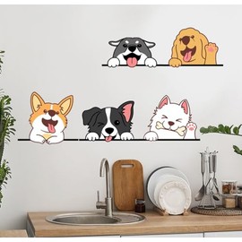 5 Multicolor Cartoon Smiling Puppies Dog Wall Stickers, Reusable PVC Decals for Walls, Tables, Glass