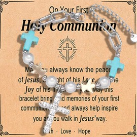 Angyape First Communion Bracelets For Women, To My Daughter Granddaughter Baptism Gifts Adjustable Silver Hypoallergenic Turquoise Cross Women Jewelry (Communion)
