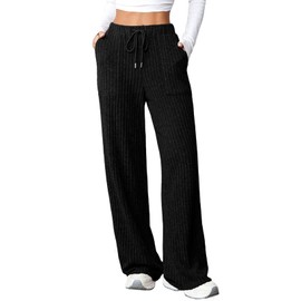 Aleumdr Womens Ribbed Wide Leg Lounge Pants with Pockets Casual Baggy Relaxed Comfy Flowy Loose Soft Lightweight Knit Pajama Sleep Pants with Drawstring for 2025 Fall Black X-Large