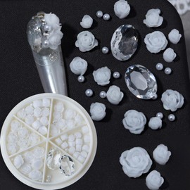 HYWWPFLA Rose Camellia Flowers Nail Charms 3D Flower for Nails White Nail Pearls Nail Rhinestone Gems Resin Floral Nail Art Design Nail Decoration Manicure Accessories (White)