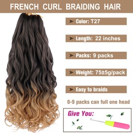 COOKOO 9 Pack Spanish Curl Braids hair 22 Inch Ombre Blonde Goddess Crochet Braids Hair Pre Stretched Loose Wavy Braiding Hair Pre-curled Curly Crochet Hair Extensions for Box Braids T27#