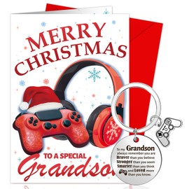 DPKOW Grandson Gamer Christmas Card Keyring Gifts, Funny Grandson Christmas Card Xmas Keyring for Grandson Christmas Xmas Gifts, Christmas Greeting Card with Envelope, Christmas Keyring Birthday Gifts