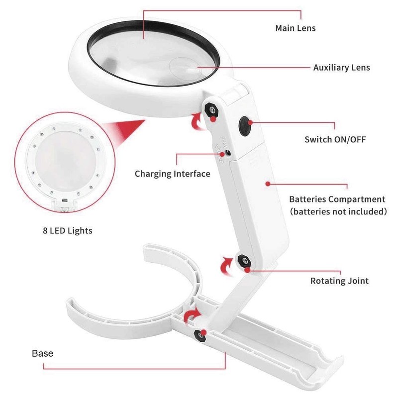 Illuminated 8 LED Magnifying Glass with 8x and 5x Magnification