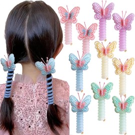 Pack of 10 Embroidered Butterfly Telephone Cable Scrunchies Hair Bobbles Colourful Butterfly Spiral Hair Bobbles Girls Cute Butterfly Telephone Wire Ponytail Holders Telephone Cord Hair Ties