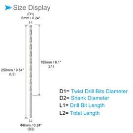 CoCud High Speed Steel Twist Drill Bit, Diameter 0.2 inch (6 mm), Length 9.8 inches (250 mm), Straight Twist Job Drill Bit - (For use with metal, woodworking, plastic, aluminum)
