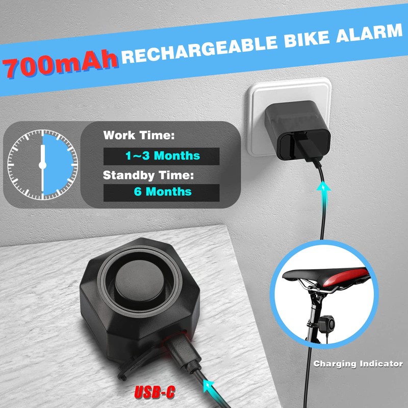 WSDCAM USB Rechargeable Bike Alarm with Remote 110dB Loud Volume
