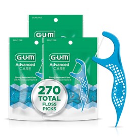 GUM - Púas de hilo dental de cuidado avanzado para adultos con vitamina E y flúor, hilo dental extra fuerte resistente a la trituración, mango de fácil agarre, sabor a menta fresca, 90 unidades