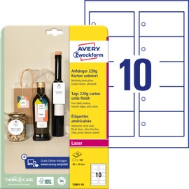 AVERY Zweckform T2001-10 Sturdy Tags Pack of 100 with Cords (90 x 50 mm on A4, Printable on Both Sides, Extra Smooth Edges, Gift Tags, Price Tags) Cardboard 220 g, White