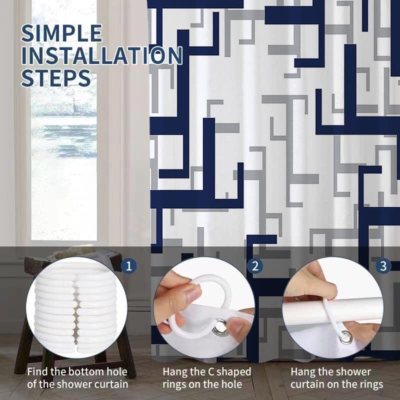 REZAYMRS Geometric Stripe Shower Curtain with 12 Hooks, 72''x72'' Waterproof