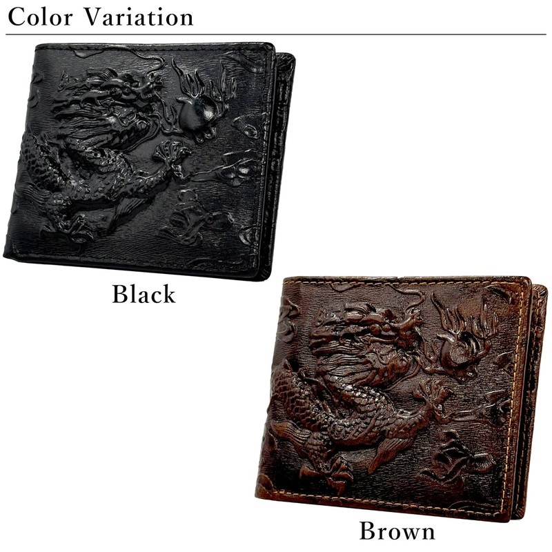 FashionBerry Men's Compact Wallet, Short Wallet, Genuine Leather, Embossed Dragon,