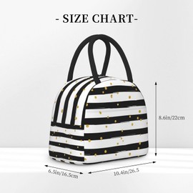 Duduho Black And White Stripe Lunch Bag Large Tote Bag Golden Polka Dots Reusable Lunch Box Container For Women Men Office Work Picnic, 10l