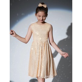 EXARUS Girls Sequin Dress Sleeveless Sparkly Special Occasion Kids Party Sequence Sparkle Dress Birthday Champagne Gold 10Y