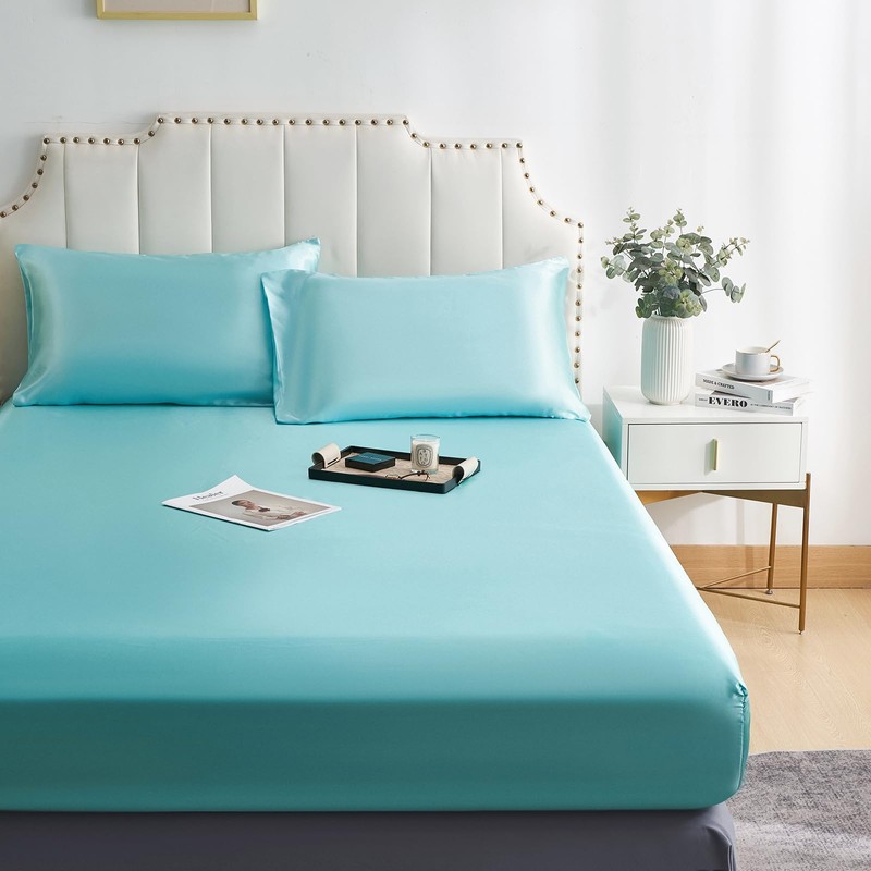 JHCHMX Satin Blue Fitted Sheets King Bed,Deep Pocket Soft Bed
