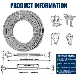 Fologtoo 100FT 1/4" Wire Rope Kit, Stainless Steel Cable with 4 Pcs 5/16 Turnbuckle, Wire Rope Clamp & Thimble, 6400lbs Breaking Strength, 7X19 Strands Heavy Duty Cable for Zipline, Trailers