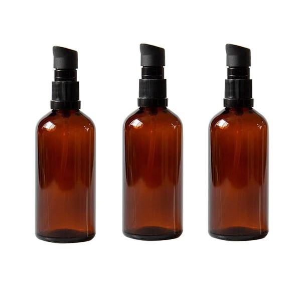 3PCS Empty Refillable Amber Glass Pump Press Bottles Jars Makeup Face Cream Facial Cleanser Toiletries Toner Liquid Travel Containers (100ml/3.4oz)