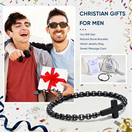 FLHEART Gift for Men Cross Chain Bracelets for Men Women, Black Stainless Steel Cross Charms Link Men's Bracelet, Faith Religious Easter Catholic Christian God Jesus Communion Baptism Jewelry Gift