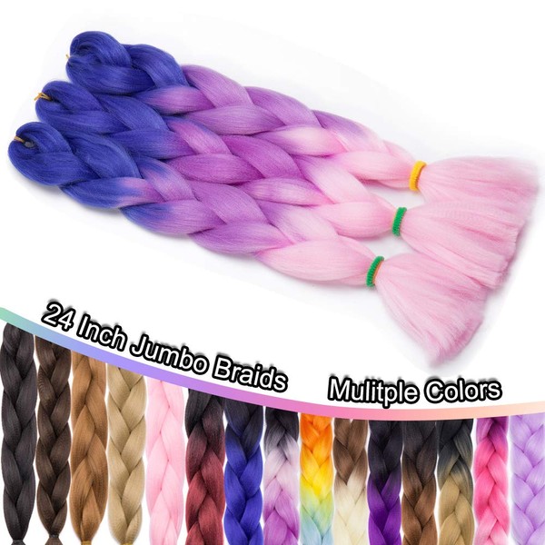 African Jumbo Braiding Synthetic Hair African Box Braids Ombre 24 Inch High Temperature Fiber Senegal Twist Braids 100g/pack 3 Tones Blue/Light Purple/Light Pink