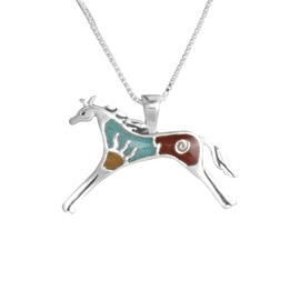American West Jewelry Sterling Gemstone Inlay Horse Pendant W/Chain