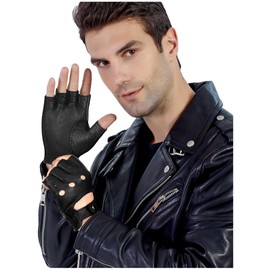 GSG Mens Fingerless Driving Riding Half Finger Leather Gloves Lambskin Unlined Black,L