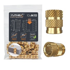 ruthex M10 Threaded Insert - Pack of 10 RX-M10 x 12.7 Brass Threaded Bushings - Sturdy Insert Nut for Plastic Parts - Can be Used by Heat or Ultrasonic in 3D Printing Plastic Parts