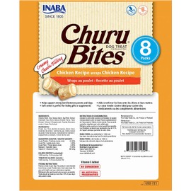INABA Churu Bites for Dogs, Grain-Free, Soft/Chewy Baked Chicken Wrapped Churu Filled Dog Treats, 0.42 Ounces Each Tube | 24 Tubes Total (8 Tubes per Pack), Chicken Recipe