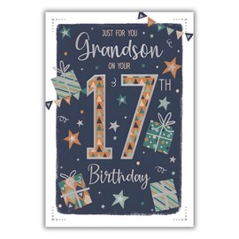 Grandson 17th Birthday Card - Age 17 - Modern Stars Design - Special Finishes and Illustrated Insert Leaf - Made in the UK