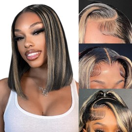 EAGERA Highlight Blonde Bob Lace Front Wig Human Hair 12 Inch 13x4 Balayage Short Bob HD Lace Closure Wig Human Hair Pre Plucked 1B/27 Ombre Black and Blonde Wigs Human Hair 150% Density for Women